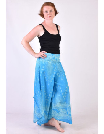 Modré thajské zvonové kalhoty, orientální potisk, elastický pas