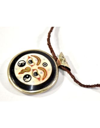 Náhrdelník s amuletem, Buddhovy oči a Óm, na koženém řemínku, 4 cm
