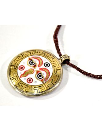 Náhrdelník s amuletem, Buddhovy oči a Óm, na koženém řemínku, 4 cm