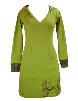 Mikinové šaty s dlouhým rukávem a kapucou, zeleno-khaki, potisk, kapsa na břiše