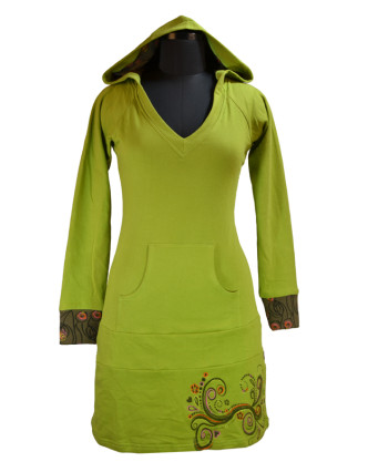 Mikinové šaty s dlouhým rukávem a kapucou, zeleno-khaki, potisk, kapsa na břiše