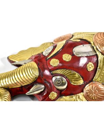 Ganeš, dřevěná maska, ručně malovaná, mosazné kování, 32cm