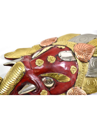 Ganeš, dřevěná maska, ručně malovaná, mosazné kování, 28cm