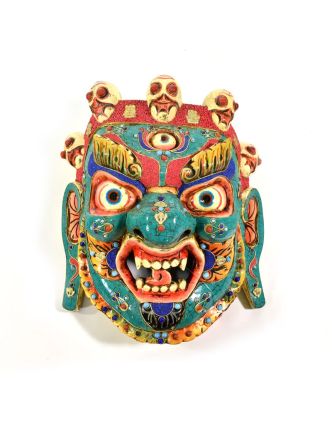 Dřevěná maska, Bhairab, vykládaný tyrkysem a korálem, 31cm