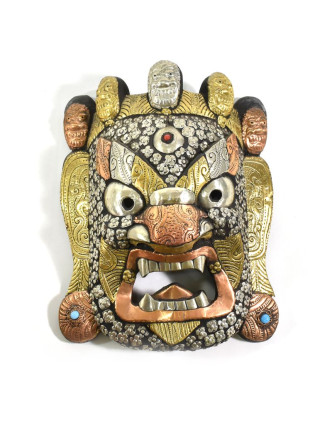 Bhairab, dřevěná maska, mosazné kování, ruční práce, 28cm