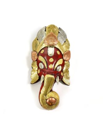 Ganeš, dřevěná maska, ručně malovaná, mosazné kování, 32cm