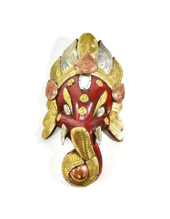 Ganeš, dřevěná maska, ručně malovaná, mosazné kování, 28cm