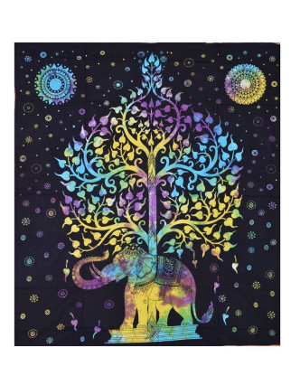 Přehoz na postel, Slon a strom života, žluto-zeleno modrý , 200x230cm