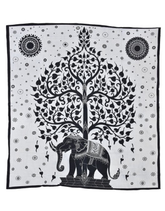 Přehoz na postel, Slon a strom života, černo-bílý, 204x227cm