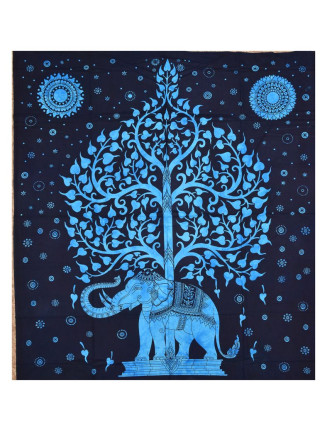 Přehoz na postel, Slon a strom života, modrý, 200x230cm