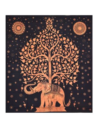 Přehoz na postel, Slon a strom života, oranžový, 200x230cm