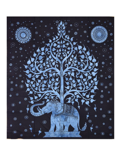 Přehoz na postel, Slon a strom života, modrý, 200x230cm