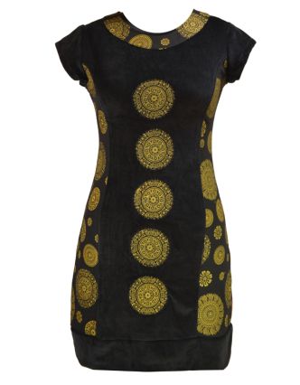Krátké černé sametové šaty s krátkým rukávem a Chakra tiskem