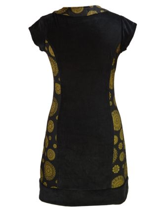 Krátké černé sametové šaty s krátkým rukávem a Chakra tiskem