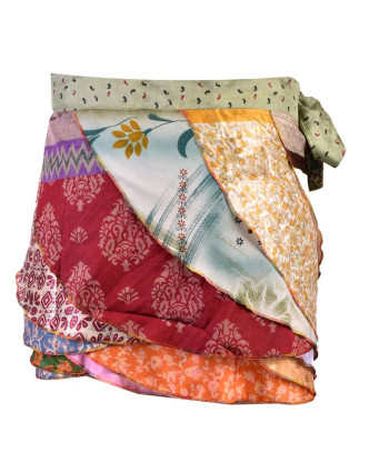 Krátká zavinovací volánová sukně z recyklovaných sárí, volánymix barev a designů