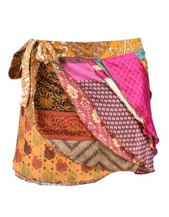 Krátká zavinovací volánová sukně z recyklovaných sárí, volánymix barev a designů