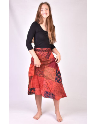 Dlouhá vínová zavinovací sukně, patchworkový design