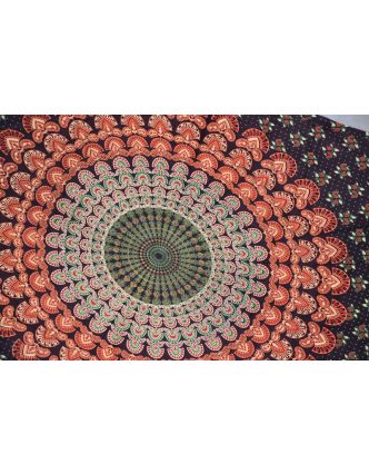 Tmavě fialový sárong s ručním tiskem, paví peří, 110x170cm