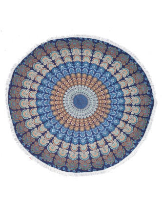 Bavlněný kulatý přehoz s mandalou, modrý, 190 cm