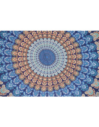 Bavlněný kulatý přehoz s mandalou, modrý, 190 cm