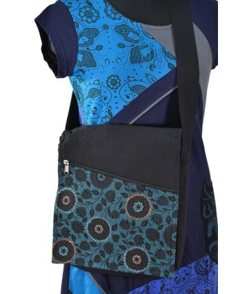 Bavlněná taška přes rameno s potiskem a výšivkou, černo-modrá, 30x30cm