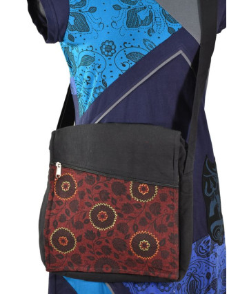 Bavlněná taška přes rameno s potiskem a výšivkou, černo-vínová, 30x30cm