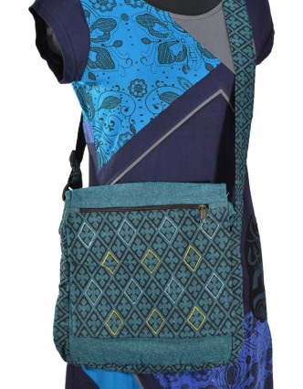 Bavlněná taška přes rameno s potiskem a výšivkou, tyrkysová, 30x30cm