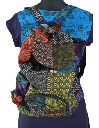 Bavlněný batoh s potiskem, patchwork, stahovací, 4 kapsy, 40x40cm