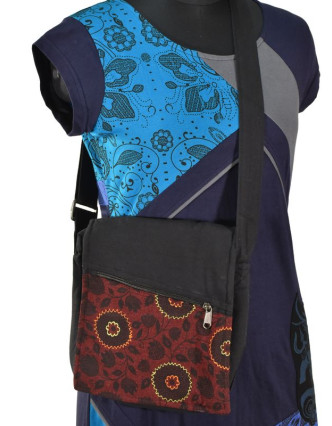 Malá bavlněná taška přes rameno, potisk, černo-vínová, 25x25cm