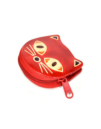 Ručně malovaná kožená peněženka ve tvaru kočky, červená, 7x7cm