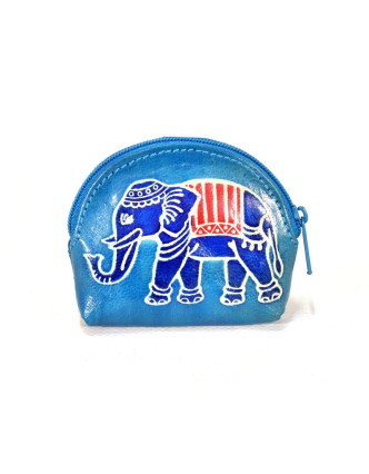 Ručně malovaná kožená peněženka, modrá se slonem, 8x7cm