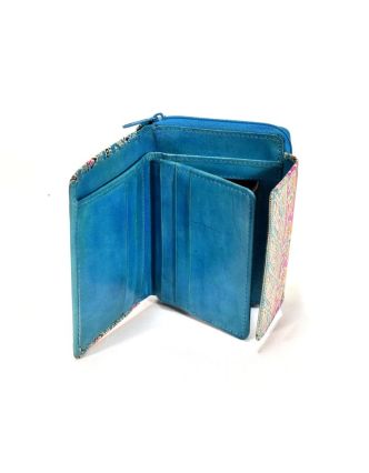 Ručně malovaná kožená peněženka, modrá se slonem, 13x10cm