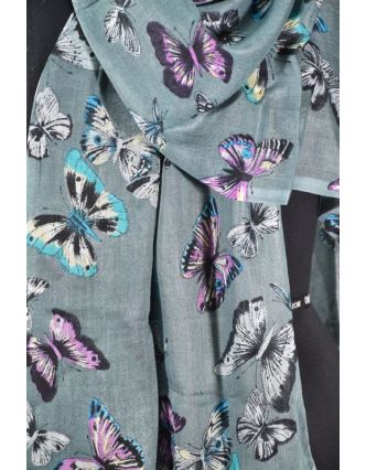 Šátek s motivem motýlů a třásněmi, modrý, 180x75cm