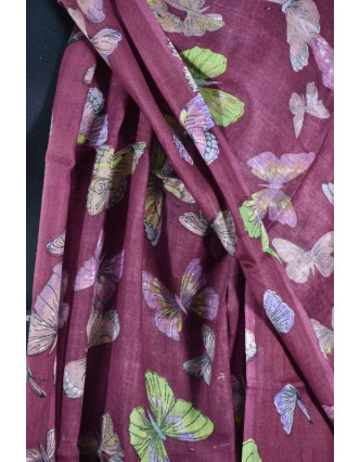 Šátek s motivem motýlů a třásněmi, vínový, 180x75cm