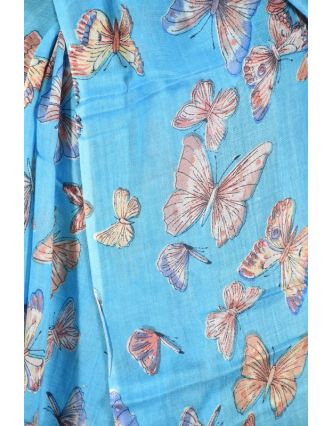 Šátek s motivem motýlů a třásněmi, modrý, 180x75cm