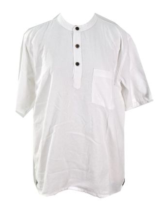 Bílá pánská košile-kurta s krátkým rukávem a kapsičkou, měkčené provedení