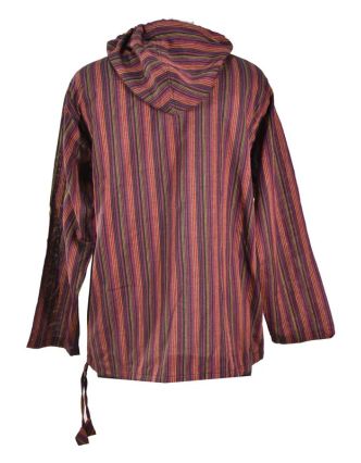 Pruhovaná vínová pánská košile-kurta s dlouhým rukávem a kapucou