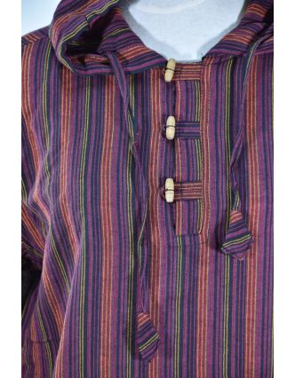 Pruhovaná vínová pánská košile-kurta s dlouhým rukávem a kapucou