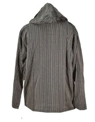 Pruhovaná hnědá pánská košile-kurta s dlouhým rukávem a kapucou