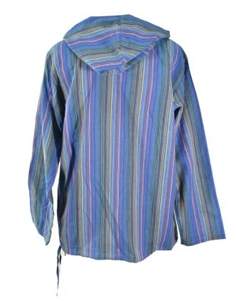 Pruhovaná modrá pánská košile-kurta s dlouhým rukávem a kapucou, měkčené proved