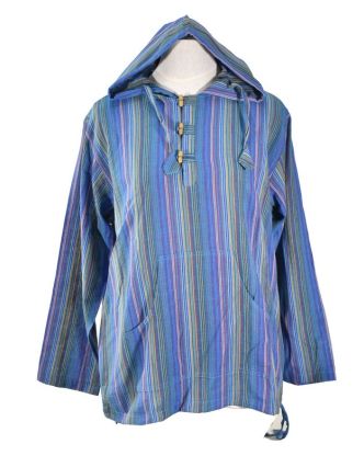 Pruhovaná modrá pánská košile-kurta s dlouhým rukávem a kapucou, měkčené proved