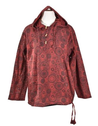 Vínová pánská košile-kurta s dlouhým rukávem a kapucou, potisk mandala