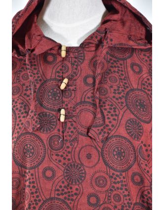 Vínová pánská košile-kurta s dlouhým rukávem a kapucou, potisk mandala