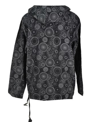Černá pánská košile-kurta s dlouhým rukávem a kapucou, potisk mandala