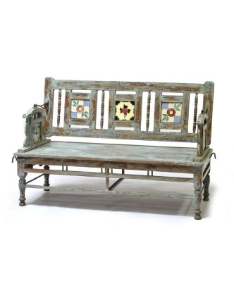 Stará lavice z teakového dřeva, tyrkysová patina, 152x56x86cm