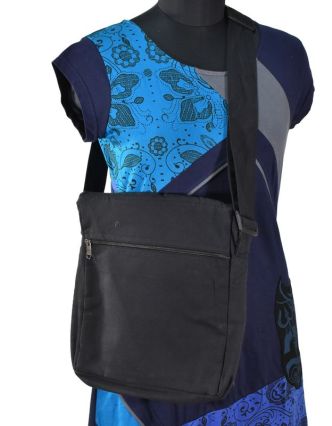 Bavlněná taška přes rameno s potiskem a výšivkou, černo-modrá, 30x30cm
