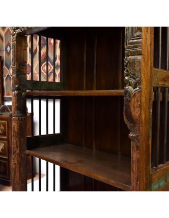 Antik knihovna, teakové dřevo, zdobená mříží, 122x51x197cm