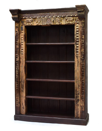 Knihovna z antik teakového dřeva, zdobená řezbami, 132x52x206cm