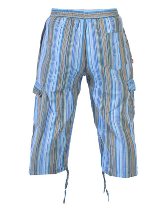 Světlé pruhované tříčtvrteční unisex kalhoty s kapsami, elastický pas