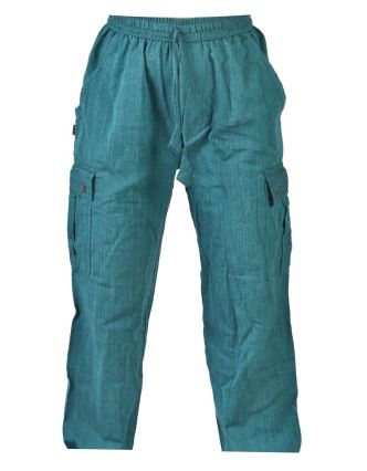 Smaragdové unisex kalhoty s kapsami, elastický pas